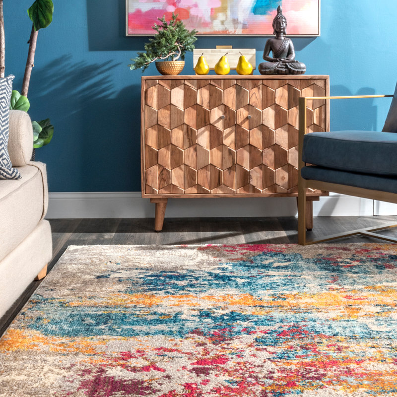 Hiroko Abstract Power Loom Performance Ivory/Blue/Pink/Yellow Rug, Rectangle 10' x 14'