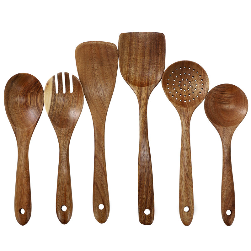 Assortiment de 6 outils de cuisine brun foncé en bois d'acacia