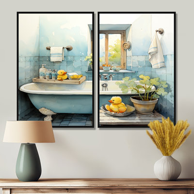 «Yellow Duck Bathroom Dip II», reproductions d'art sur toile bleues, 2 pièces
