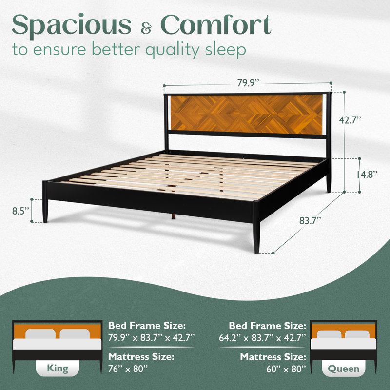 Cartlin Mid Century Modern Acacia Wood Platform Bed Frame with Artistic Chevron Headboard & Mystic Black Finish, 800lbs Heavy Duty, No Box Spring Needed