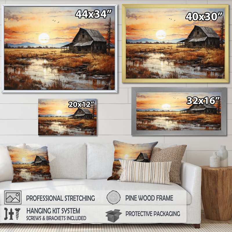 Paysage de grange au crépuscule I - impression, H 12 po x l 20 po x P 1 po, Cadre photo blanc