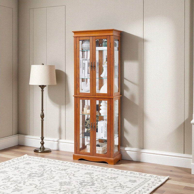 Vitrine en verre avec tablettes réglables et éclairage intégré, Bois de chêne