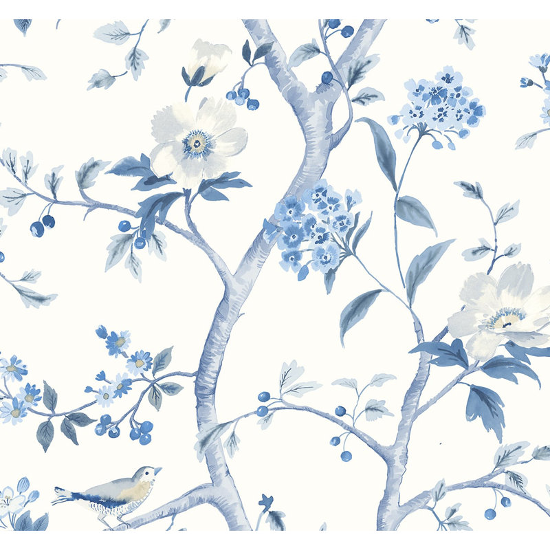 Floral Trail Chinoiserie Peel And Stick Wallpaper, Blue