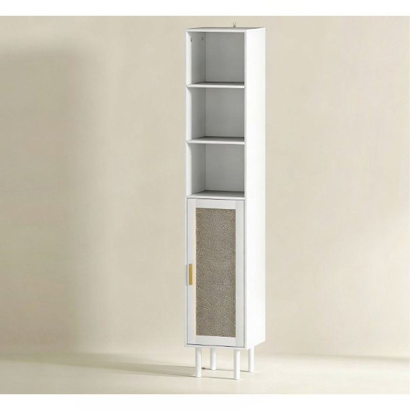 Nordic Style Freestanding Bathroom Storage Cabinet,Tall Bathroom Cabinet With Rattan Doors, White