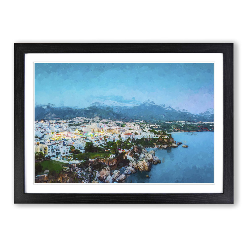 Skyline of Nerja in Spain in Abstract - Picture Frame Graphic Art Print on MDF, 27cm H x 36cm W x 2cm D, Black Framed