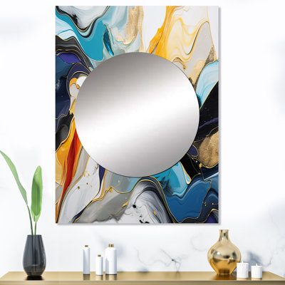 «Boyné», encre liquide bleue et jaune «Abstraction Harmony IV» - miroir mural à encre liquide, miroir décoratif bleu, impression sur métal