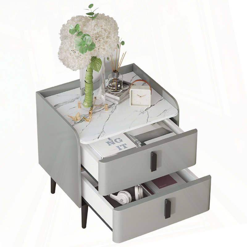 Table de chevet avec plateau en marbre, Gris, Individuel