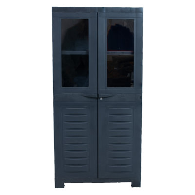 Storage Cabinet with 3 Adjustable Shelves and 2 Windows - Charcoal