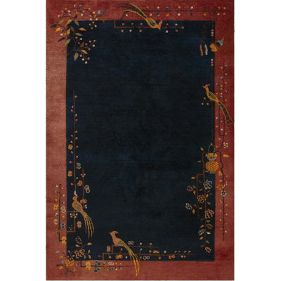 Minimalist Bird Pattern Antique Art Deco Chinese Wool Pile Blue Rug