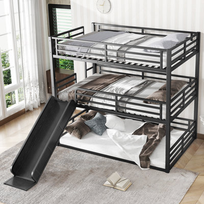 Full over Full over Full Bunk Bed with Slide, Metal Triple Bunk Bed for Kids and Guests, Heavy - duty and Noise - reduced, Ideal for Space - saving