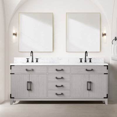 Meuble-lavabo double en chêne blanc 80 po X P 22 po D, dessus en marbre de Carrare, ensemble de robinet et Miroirs