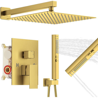 12 Inch Wall Mounted Rain Shower System With 2 In 1 Handheld Spray, Modern Square Shower Head And Pressure-Balanced Valve Trim Kit, Brushed Gold Finish