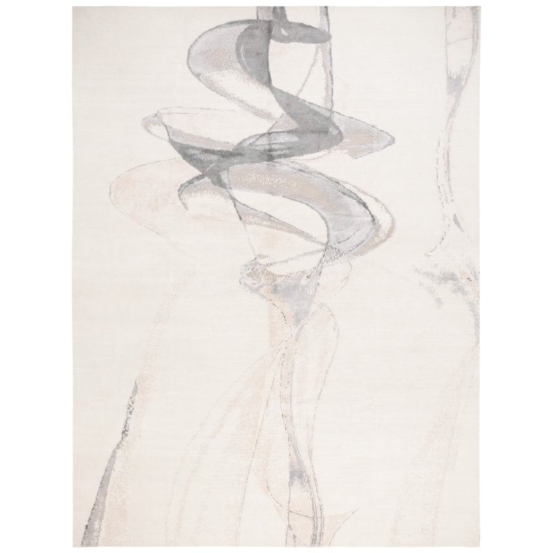 Tapis gris / ivoire en laine noué / soie / coton, Rectangle 6 pi x 9 pi
