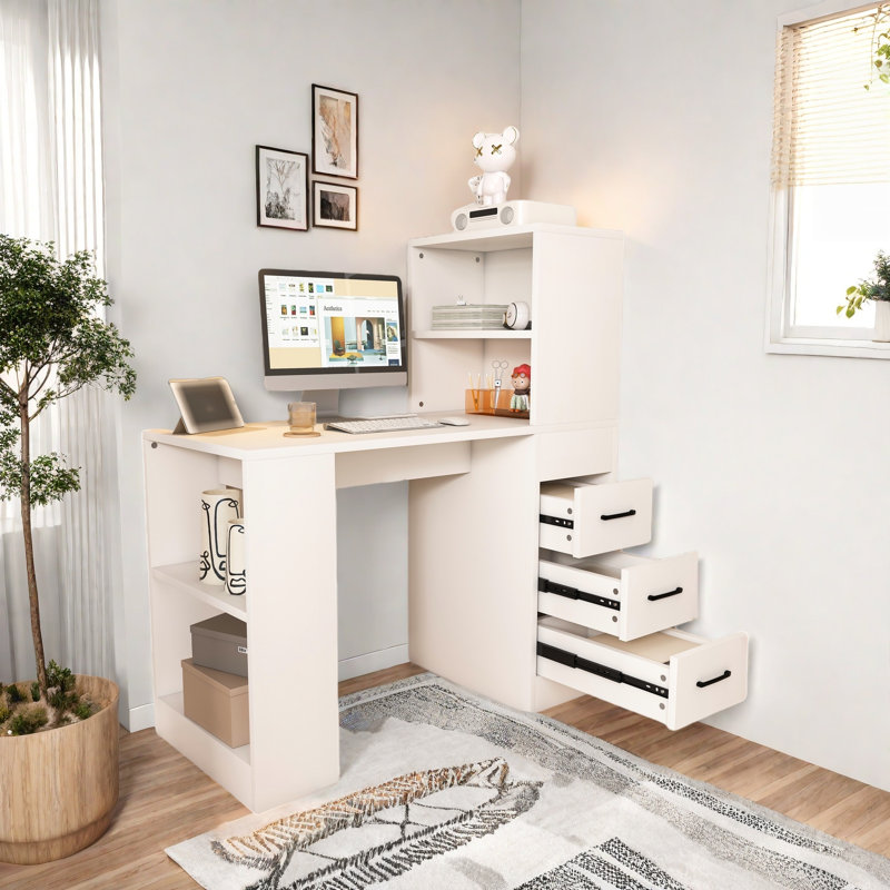 Modern Computer Desk With 4-in-1 Socket, 3 Slide Drawers And 4 Storage Levels