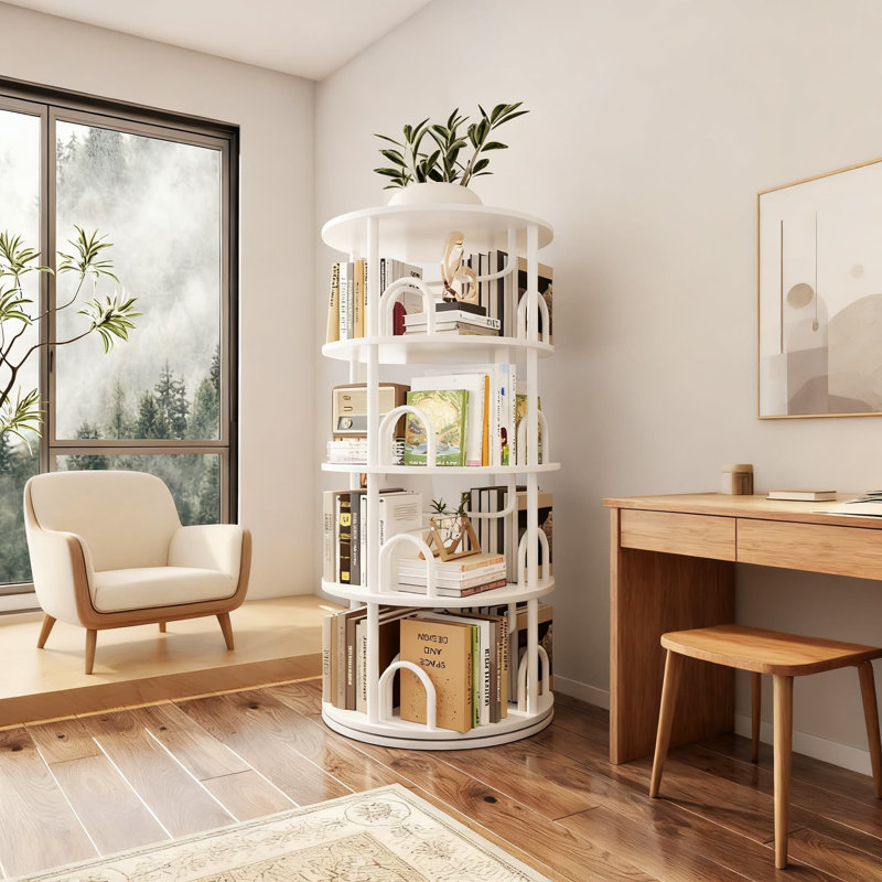 Tour de bibliothèque rotative à 4 niveaux, bibliothèque pivotante à 360 degrés avec conception ronde peu encombrante, organisateur de coin vertical pour livres, jouets et décoration intérieure
