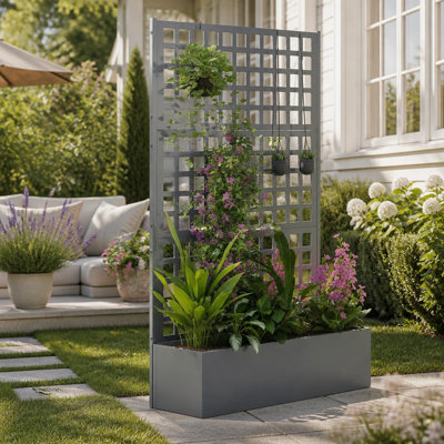 Jardinière galvanisée surélevée Outsunny avec treillis, bac à fleurs en métal avec trous de drainage, écran d'intimité extérieur pour plantes grimpantes, légumes, vignes