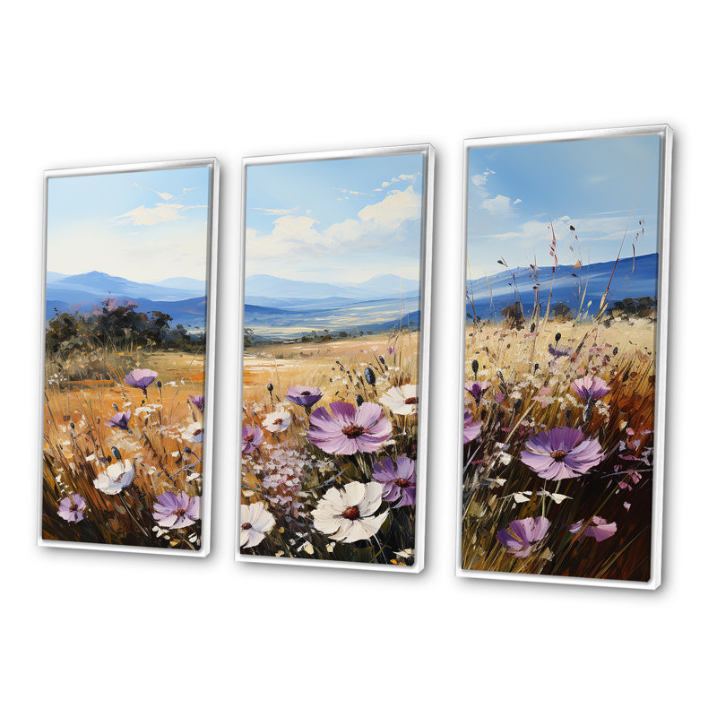 Mauve bleuet dans un paysage de montagne I - ensemble d'art mural sur toile fleurs, Cadre flottant blanc