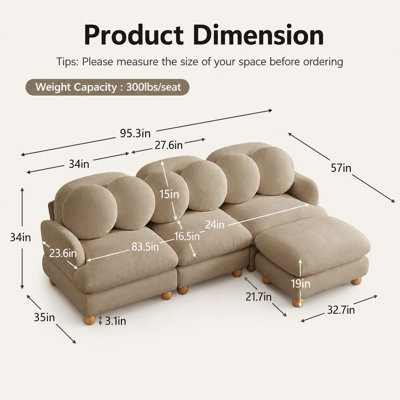 Canapé modulaire en chenille Veloria Comfy avec repose-pieds mobile, canapé profond à 4 places avec 6 coussins décoratifs, structure en bois massif pour le salon, la chambre et les appartements