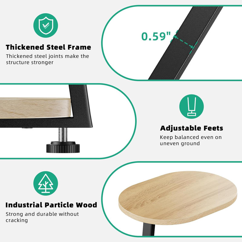 Table d'appoint moderne ovale avec rangement à 3 niveaux, structure en métal et finition chêne, table de bout compacte pour le salon, la chambre à coucher, le canapé ou la salle de bain