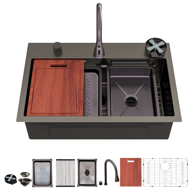 Gunmetal Black Drop In Waterfall Kitchen Sink - Single Bowl 16 Gauge Stainless Steel Ledge Workstation Kitchen Sinks With Pull-Out Faucet & Cup Washer
