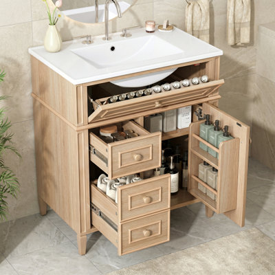 Meuble-lavabo simple 30 po avec lavabo en céramique, fermeture en douceur, tiroir rabattable, bois massif et panneau de fibres à densité moyenne pour les petites salles de bain