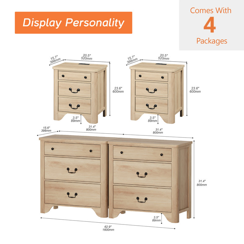 Ensemble de commode et table de chevet 6 tiroirs Modern Minimalist, ensemble de chambre à coucher 4 pièces, commode en bois, tables de bout avec station de charge
