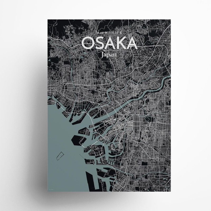 Osaka City Map In Midnight - No Frame Print, 27.6cm H x 19.7cm W x 0.05cm D