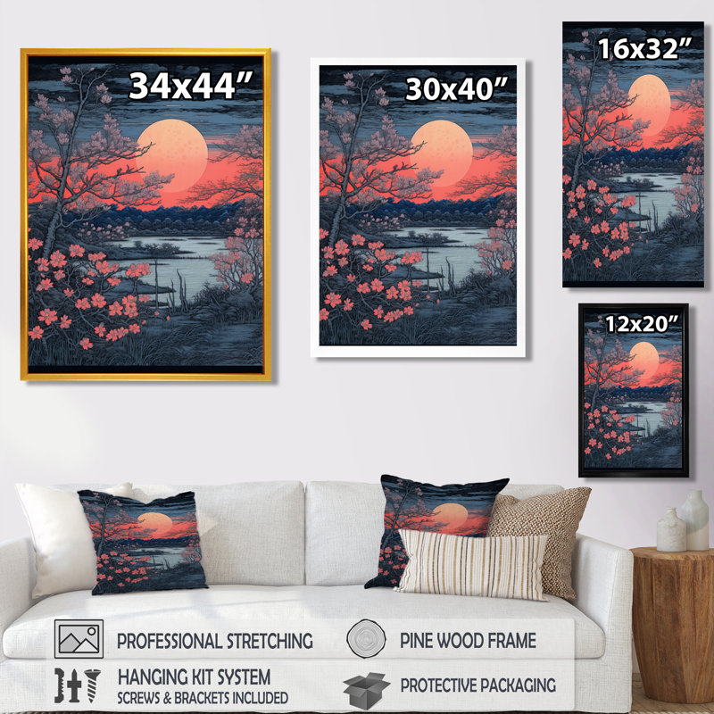 «Pink Sunset Blush Flowers By Evening River», art mural plage et océan, Toile avec cadre flottant noir