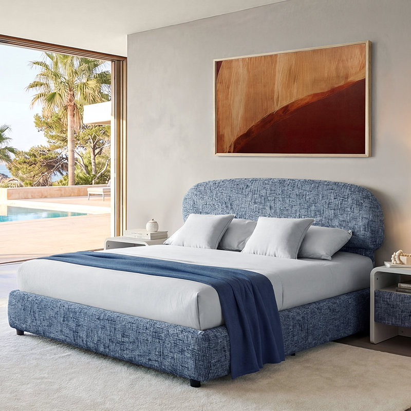 Grand lit plateforme tapissier Devotia, Bleu, Grand lit