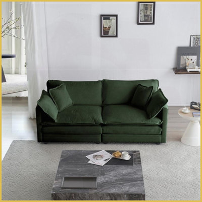 Modern Green Chenille Deep Seat Loveseat – 2-Seat Sofa with 4 Pillows for Living Room, Solid Wood Frame