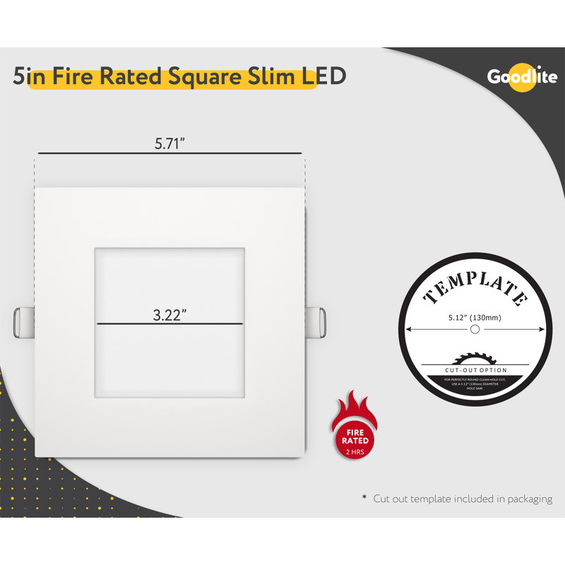 5'' LED Fire Rated & Certified Square Ultra Slim Downlight - Selectable Color, Dimmable 1200 Lumens 