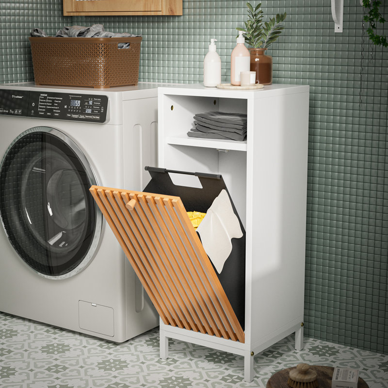 Armoire de salle de bain avec façade et panier en bambou - naturel / blanc