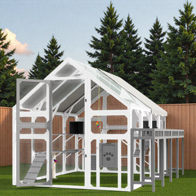 Grande maison pour chat d'extérieur avec support à fleurs, boîtes de repos, pont suspendu, plateformes et toit imperméable
