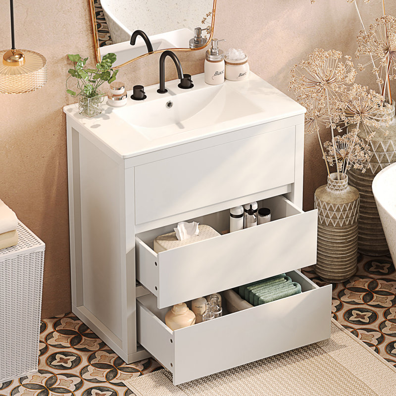 Meuble-lavabo sur pied avec lavabo en céramique et 2 tiroirs pleine extension, Blanc