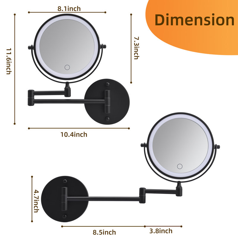Miroir de maquillage mural rechargeable avec lumières à double face, Noir