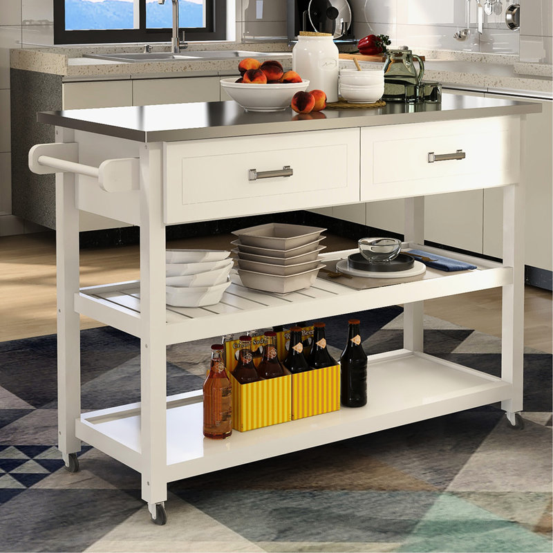 Chariot de cuisine blanc en acier inoxydable avec deux tiroirs - Table de solution polyvalente et peu encombrante pour un rangement culinaire épuré