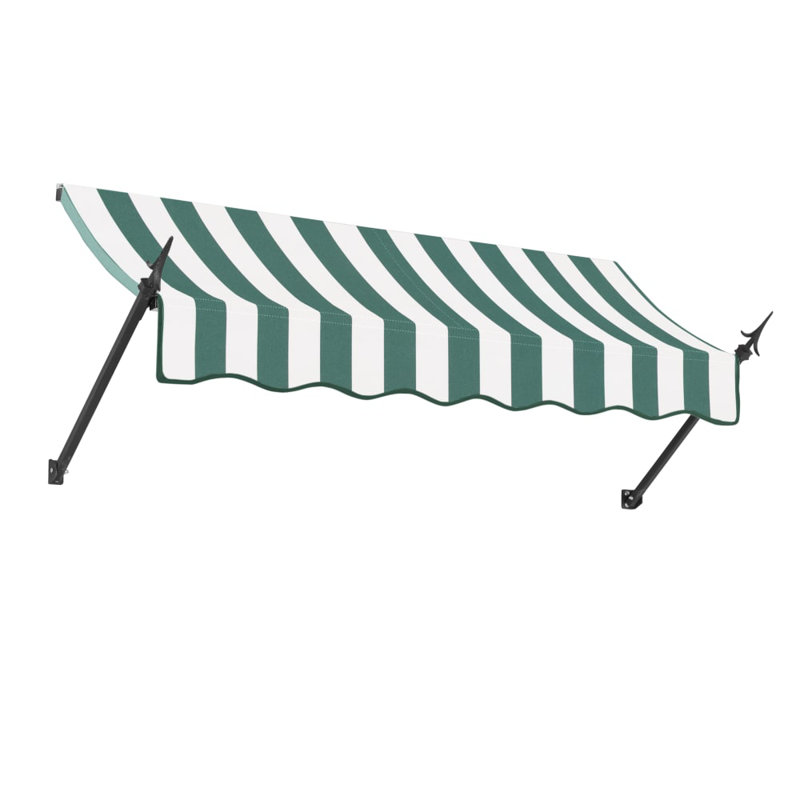 Awntech New Orleans Acrylic Fabric Fixed Awning with Iron Spear Arms, 31" H x 88.5" W x 16" D, Forest/White Stripe