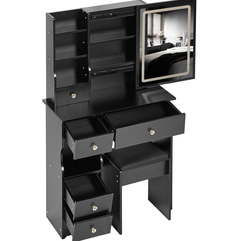 29.2" Small - Sized Vanity Table, Left Drawer, Cushioned Stool, Tri Color Switching Brightness Adjustable Mirror, Footprint Dormitories Living Areas