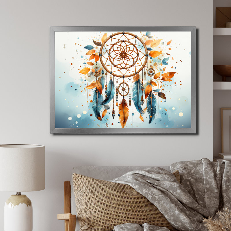 " Orange Dreamcatcher Minimalist Harmony " Mixed Media Print, 12" H x 20" W x 1" D, Silver Single Picture Framed