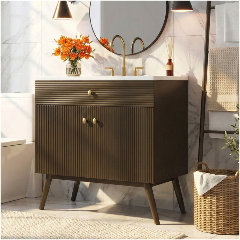 36" Luxury Striped Bathroom Vanity, Soft-Close Dual-Door Storage & Premium Ceramic Sink, Dark Brown