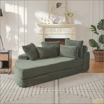 Corduroy Semi-Circular 2-In-1 Sofa Bed, Designer Recliner With Neck Pillow And Five Throw Pillows In Living Room