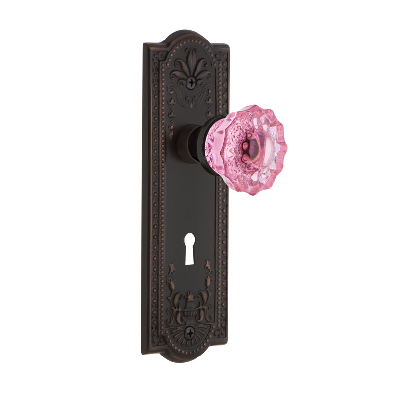Plaque Meadows avec trou de serrure décoratif et poignée de porte rose cristal, Bronze intemporel