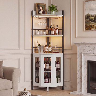 U9 Corner Wine Cabinet w/ LED Lights, Tall Liquor Storage Iron Pipe Frame & Shelves, White