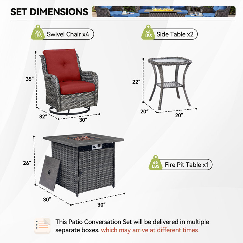 Wendye 7-Piece Outdoor Fire Pit Conversation Set With 4 Swivel Chairs & 2 Side Tables, Red, Gray