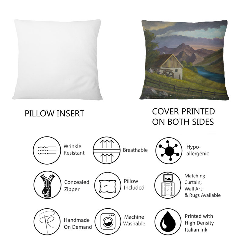 Coussin décoratif avec paysage de montagne avec un vieux moulin à une rivière - Lake House