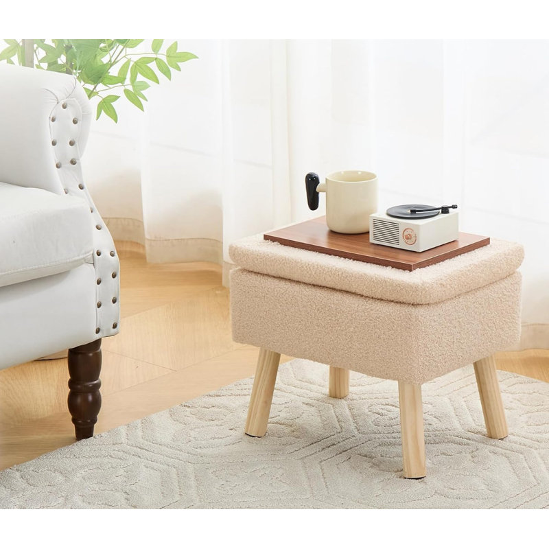 Petit tabouret d'appoint avec repose-pieds en bois, Beige