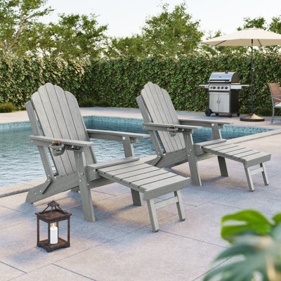 Folding Adirondack Chair with Retractable Ottoman & Cup Holder, 3-Position Adjustable for Patio, All-Weather Outdoor Seating