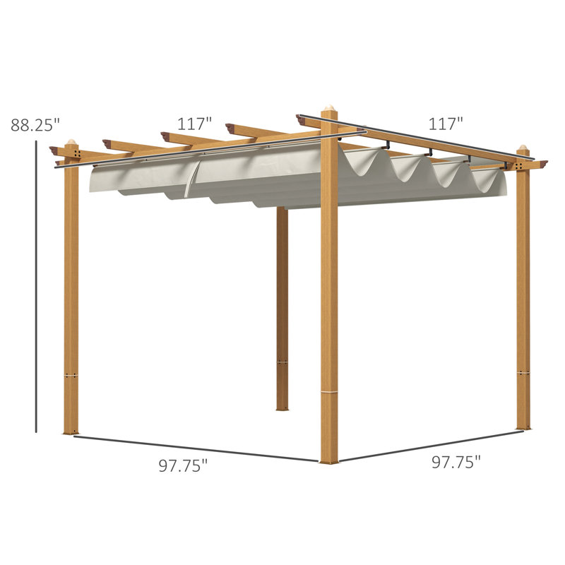 10 Ft.W Metal Pergola with Canopy,wood, Cream White, 10' x 10'