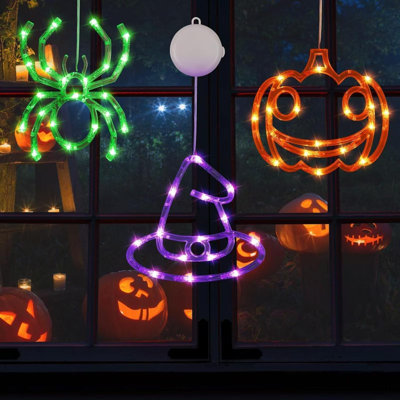 3 Pack Halloween Window Lights, Pumpkin, Witch Hat, Spider Lights Orange, Purple, Green, Battery Operated Halloween Window Decorations with Suction Cup and Timer for Indoor Outdoor Party