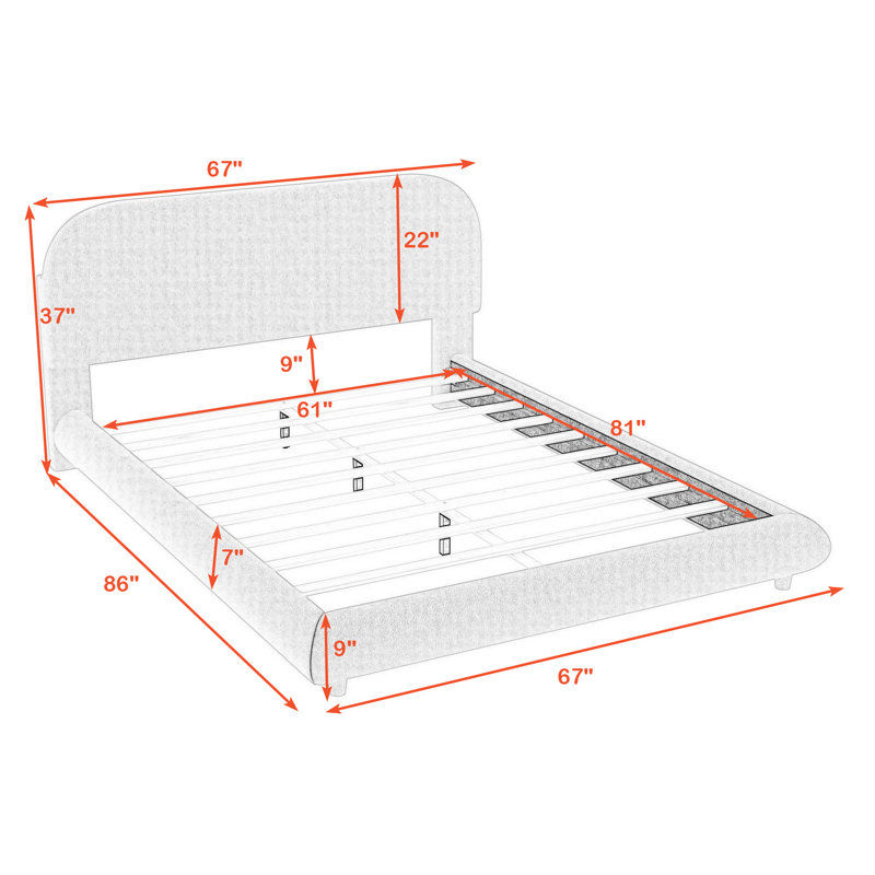 Lit plateforme tapissier Milenka avec tête de lit courbée, Beige, Grand